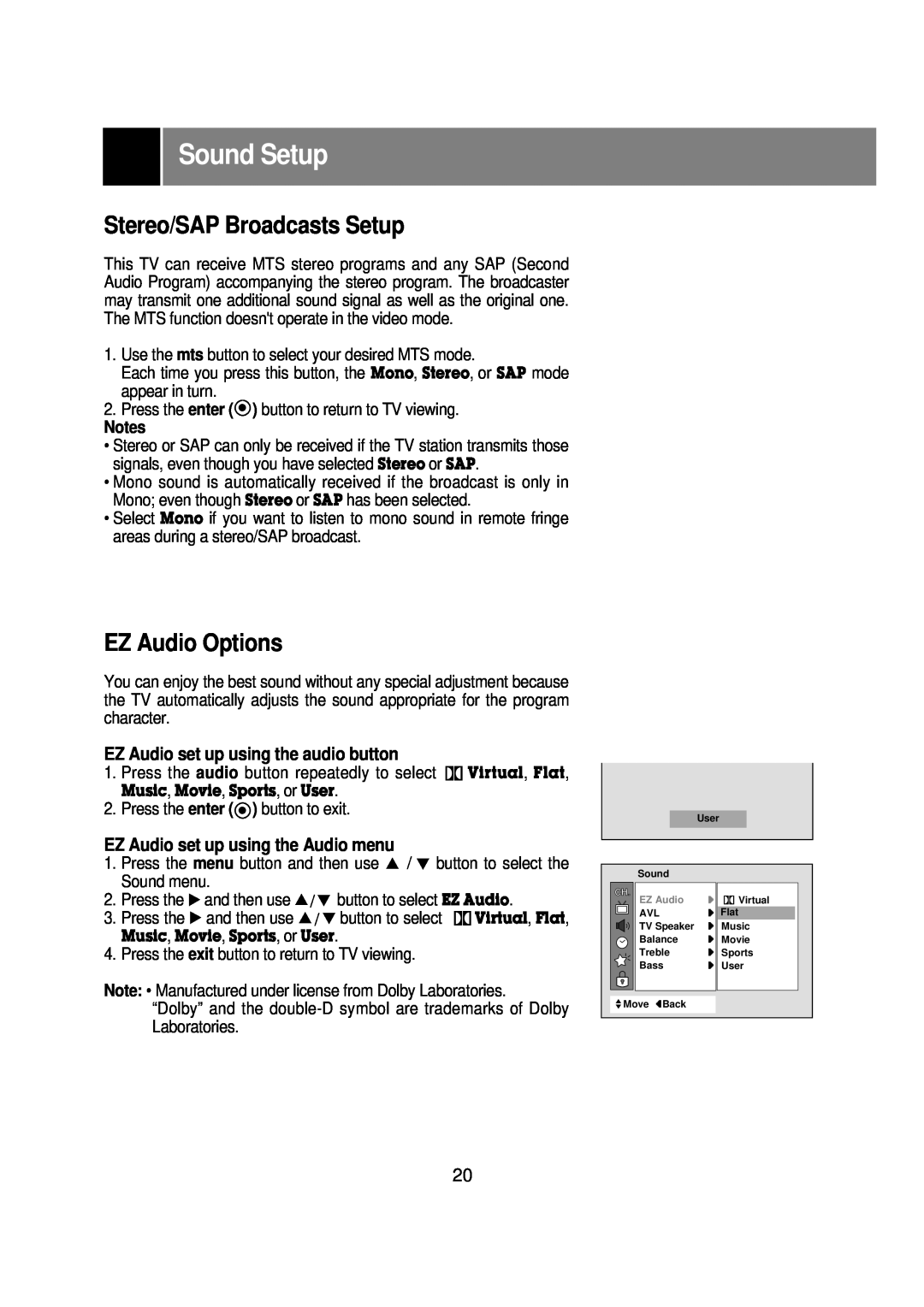 Zenith R40W46 warranty Sound Setup, Stereo/SAP Broadcasts Setup, EZ Audio Options, EZ Audio set up using the audio button 