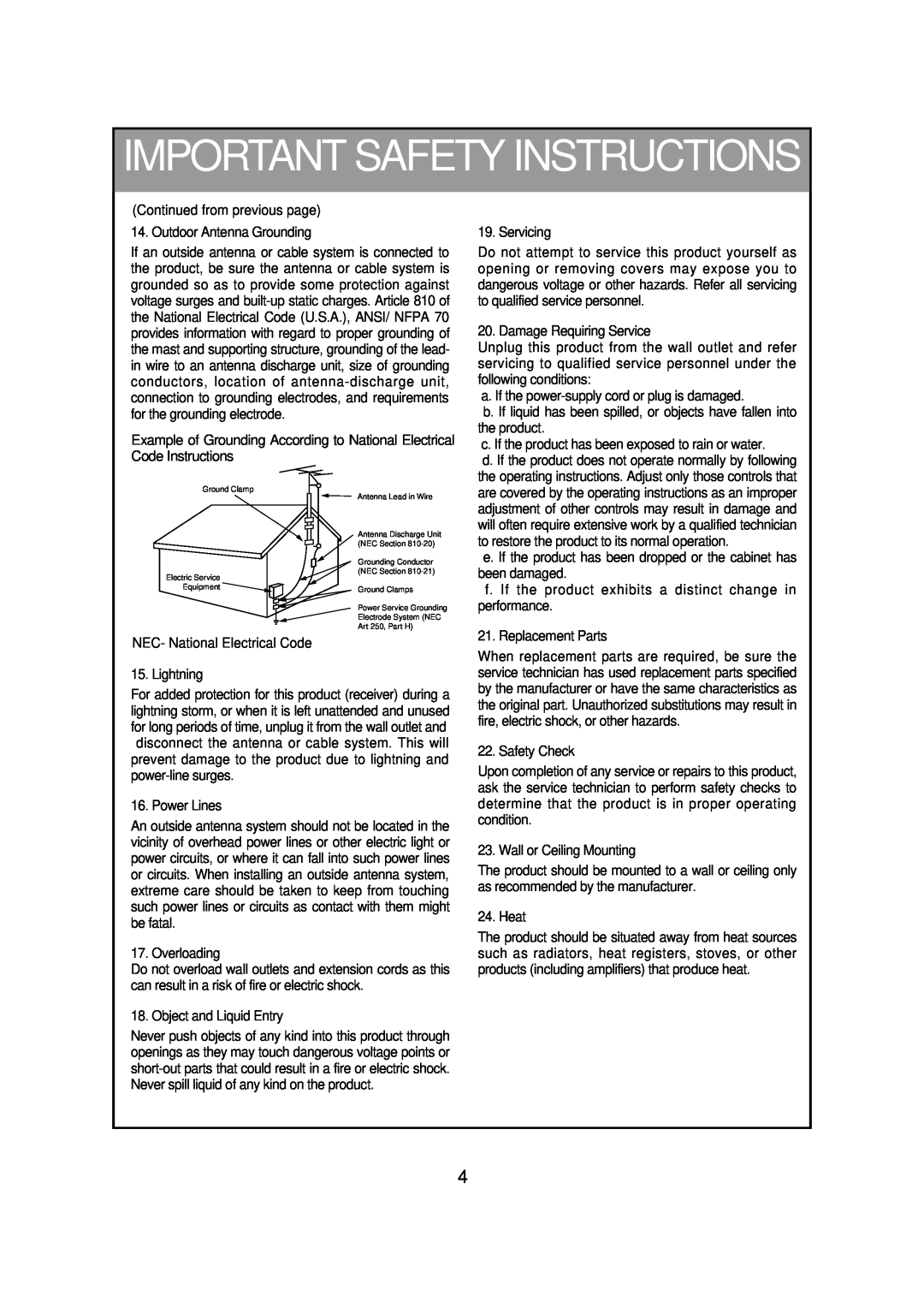 Zenith R40W46 warranty Important Safety Instructions, Continued from previous page 14. Outdoor Antenna Grounding 
