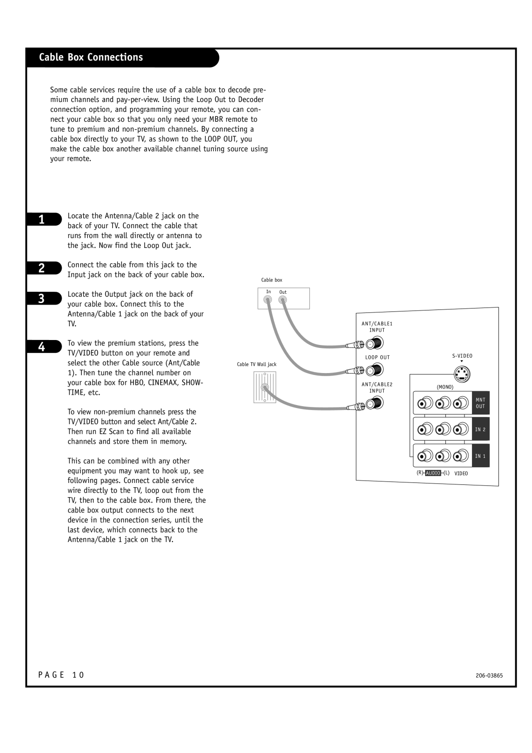 Zenith R49W36, R56W36 warranty Cable Box Connections, Jack. Now find the Loop Out jack 