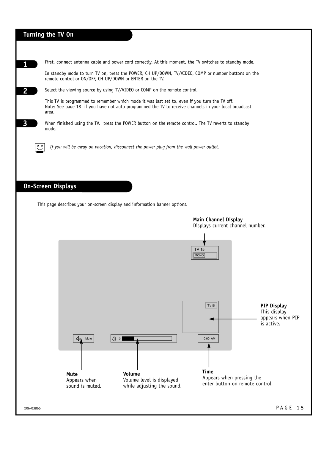 Zenith R56W36, R49W36 warranty Turning the TV On, On-Screen Displays, Enter button on remote control 