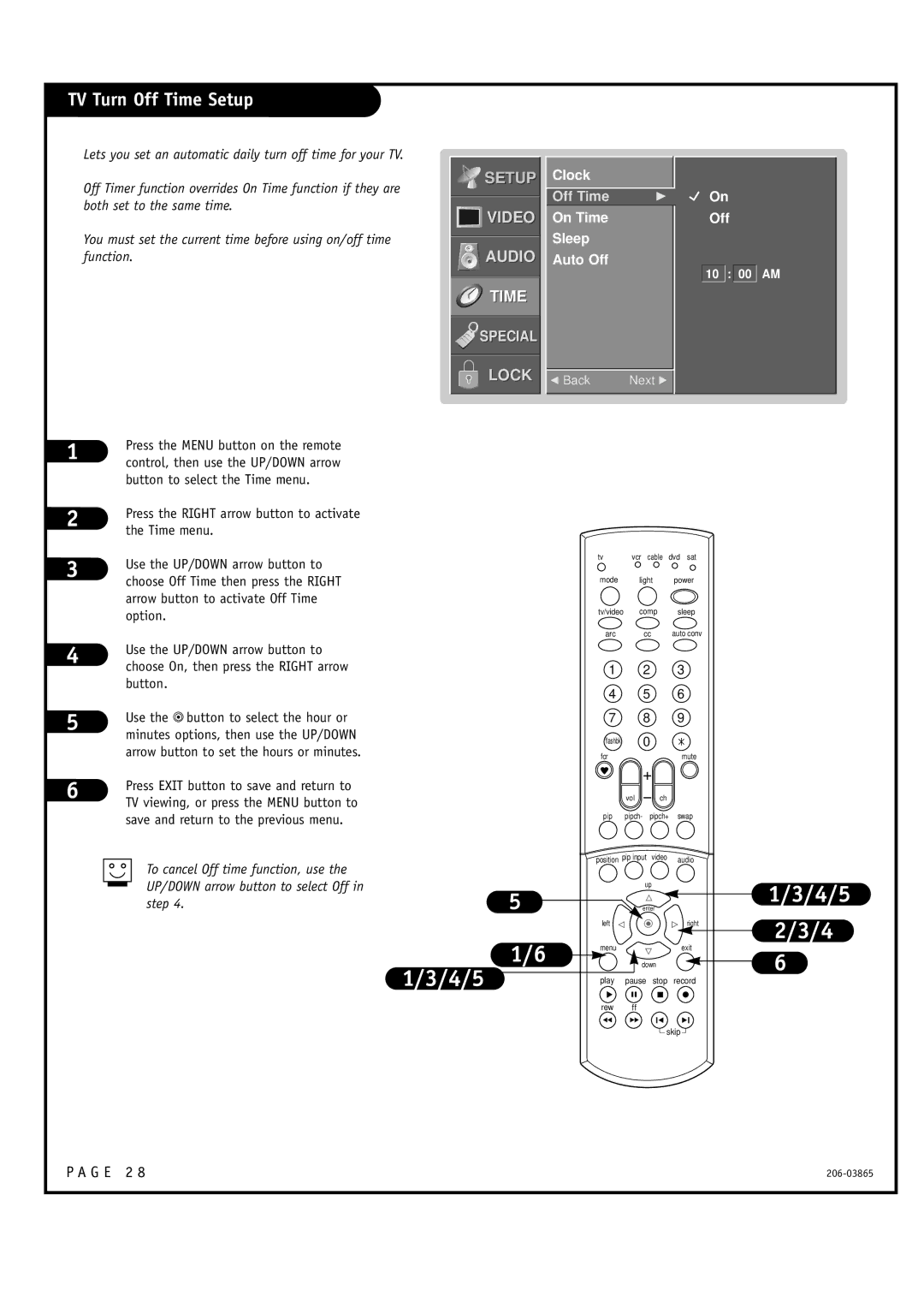 Zenith R49W36, R56W36 warranty TV Turn Off Time Setup, Off Clock 