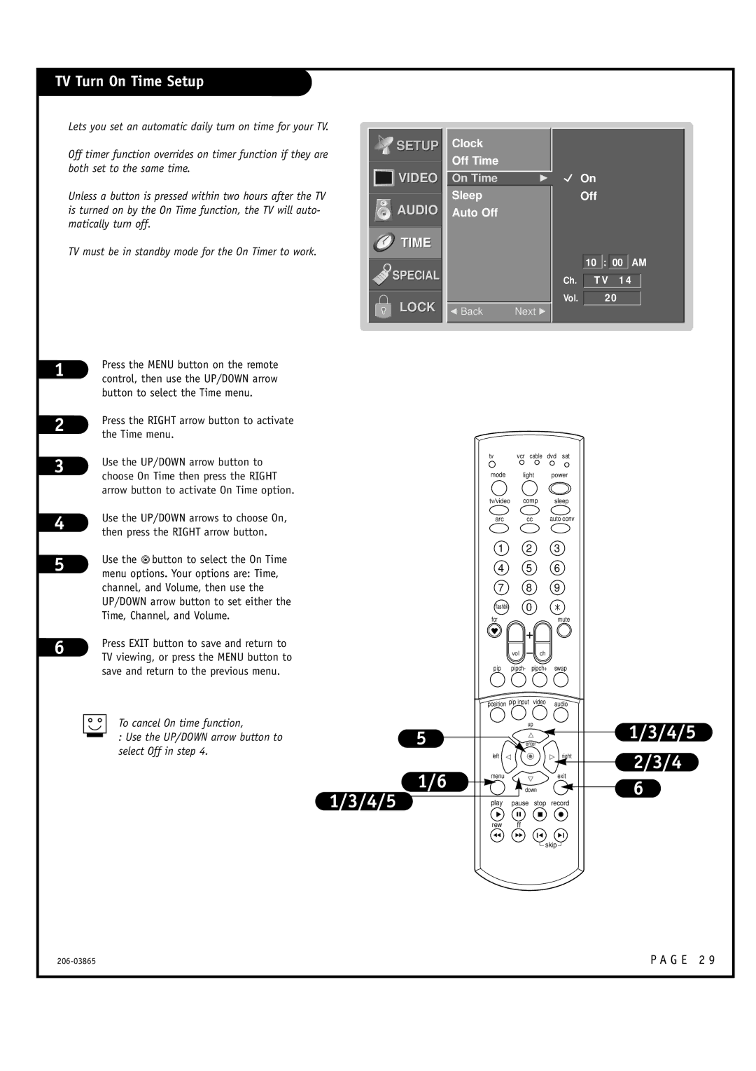 Zenith R56W36, R49W36 warranty TV Turn On Time Setup, Clock Off Time, Sleep Auto Off 