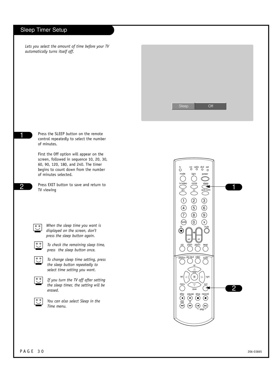 Zenith R49W36, R56W36 warranty Sleep Timer Setup, Minutes, TV viewing 