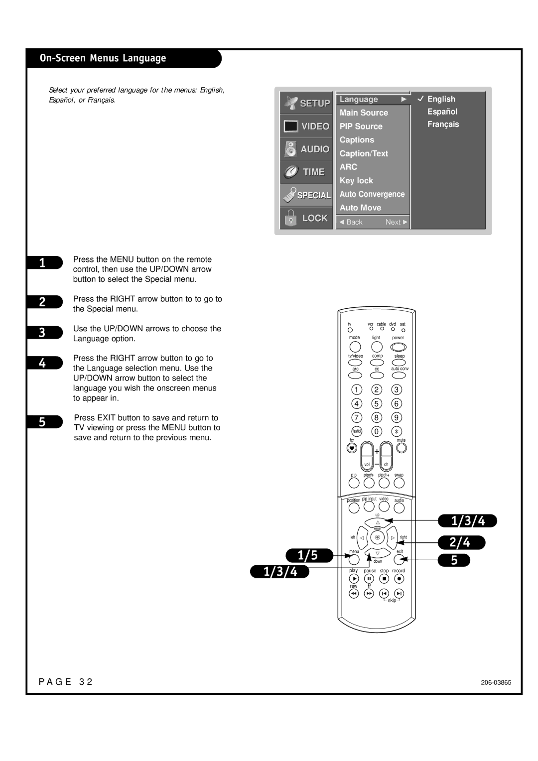 Zenith R49W36 On-Screen Menus Language, Main Source PIP Source Captions Caption/Text, Key lock, English Español Français 