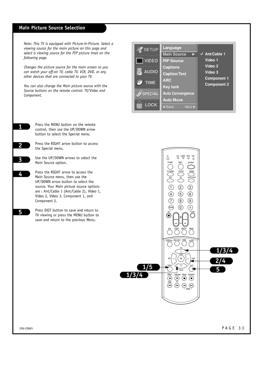 Zenith R56W36, R49W36 Main Picture Source Selection, Language, PIP Source Captions Caption/Text, Ant/Cable Video Component 