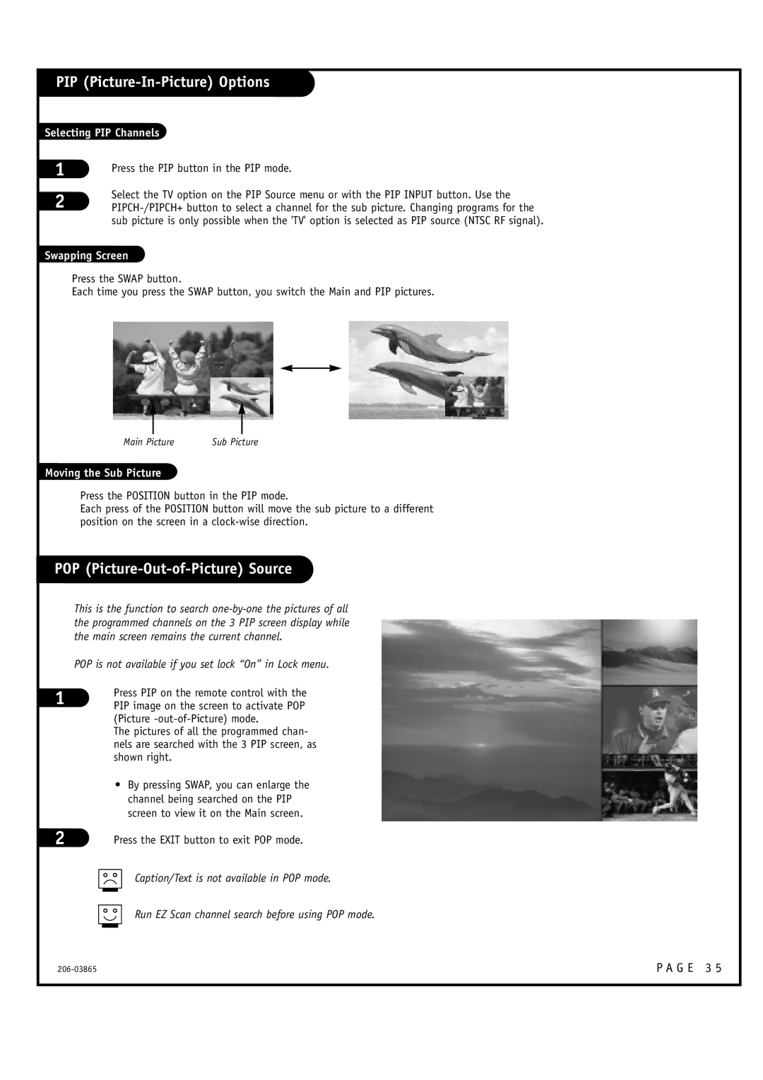 Zenith R56W36 PIP Picture-In-Picture Options, POP Picture-Out-of-Picture Source, Selecting PIP Channels, Swapping Screen 