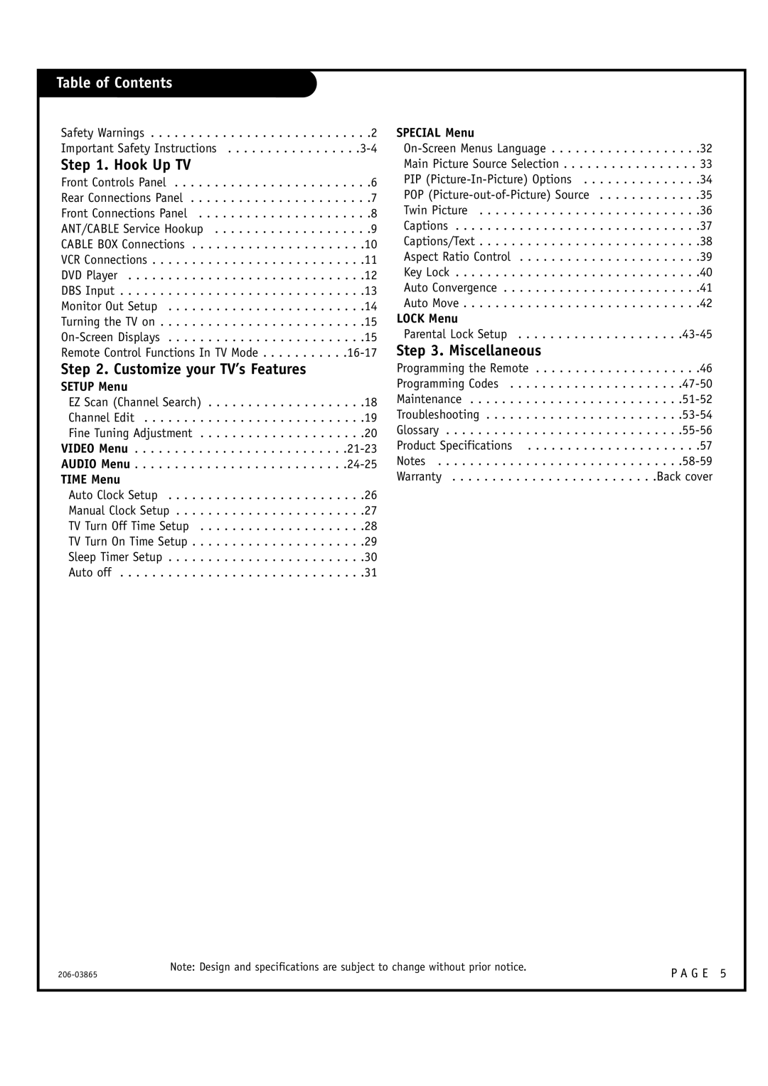 Zenith R56W36, R49W36 warranty Table of Contents 