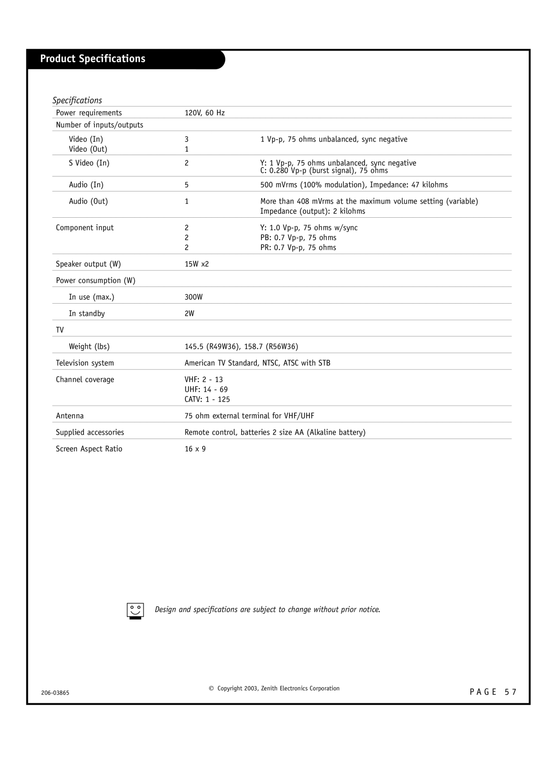 Zenith R56W36, R49W36 warranty Product Specifications 