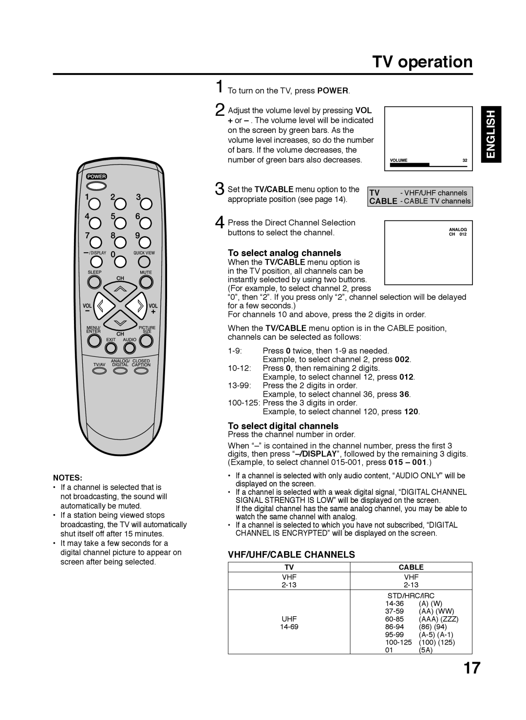 Zenith 206-3923 TV operation, English, To select analog channels, To select digital channels, Vhf/Uhf/Cable Channels 