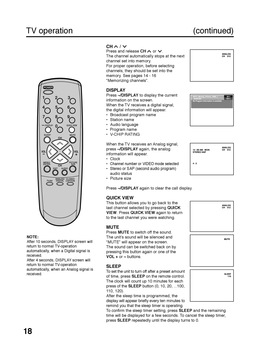 Zenith S2898A, C27H26B, 206-3923 warranty TV operation, continued, Display, Quick View, Mute, Sleep 