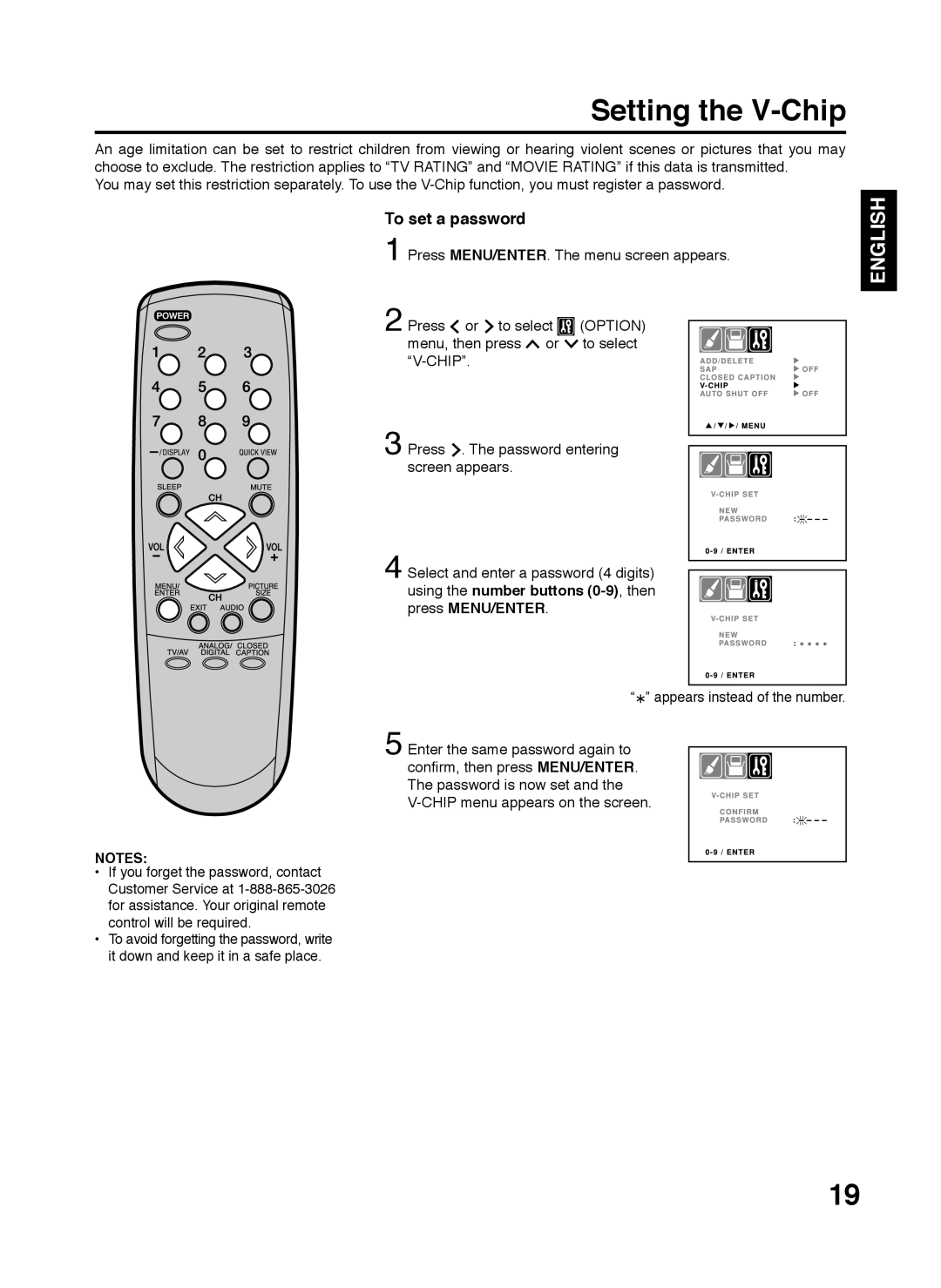 Zenith C27H26B, S2898A, 206-3923 warranty Setting the V-Chip, English, To set a password 