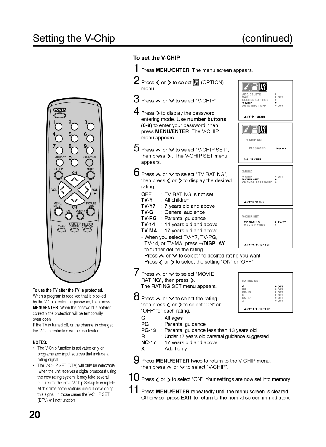 Zenith 206-3923, S2898A, C27H26B Setting the V-Chip, continued, To set the V-CHIP, Tv-Y, TV-Y7, Tv-G, Tv-Pg, TV-14, Tv-Ma 