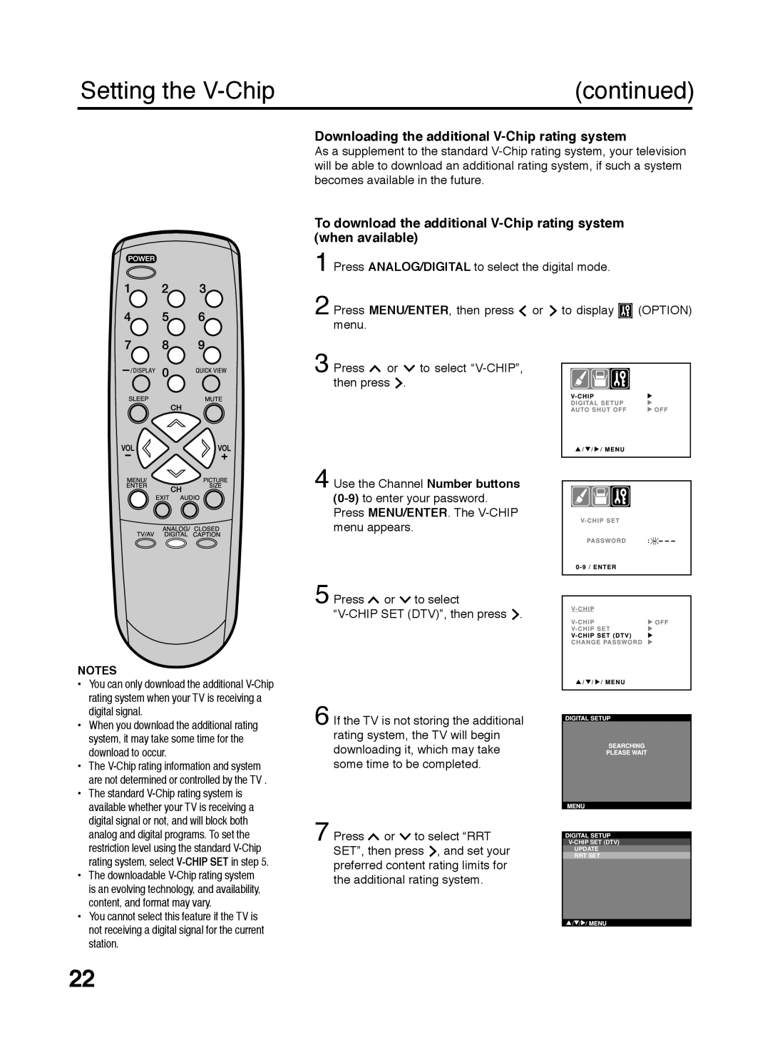 Zenith C27H26B Setting the V-Chip, continued, Downloading the additional V-Chip rating system, V-Chip Set Dtv, Rrt Set 