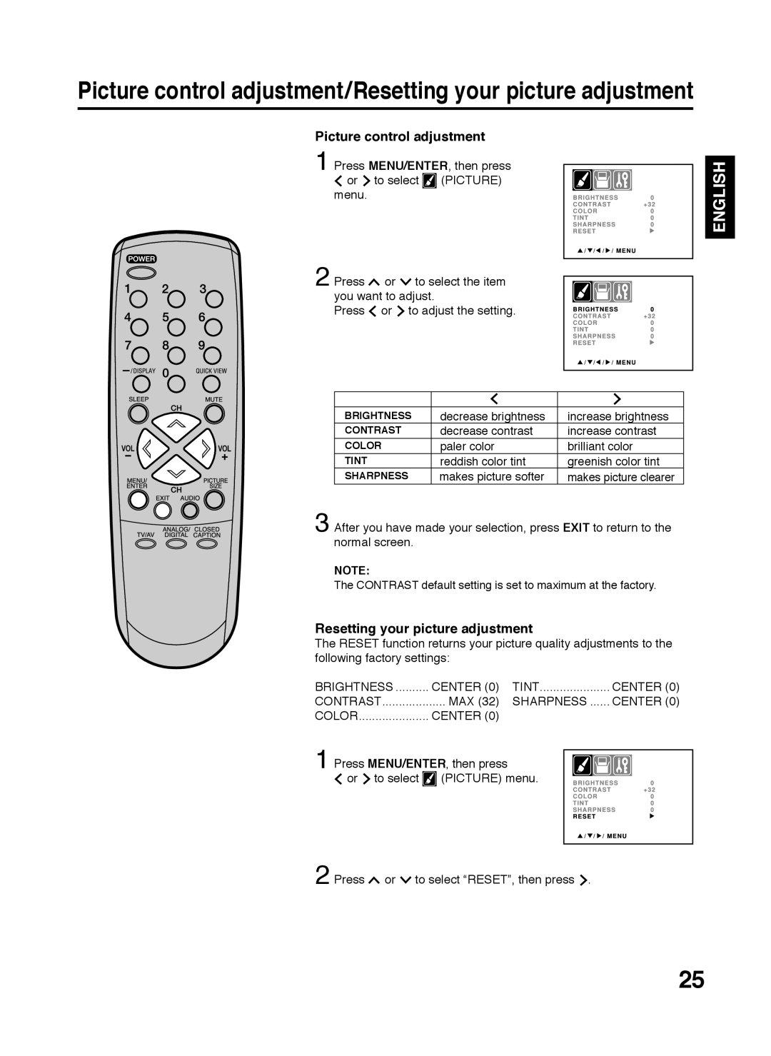 Zenith C27H26B, S2898A, 206-3923 warranty Picture control adjustment/Resetting your picture adjustment, English 