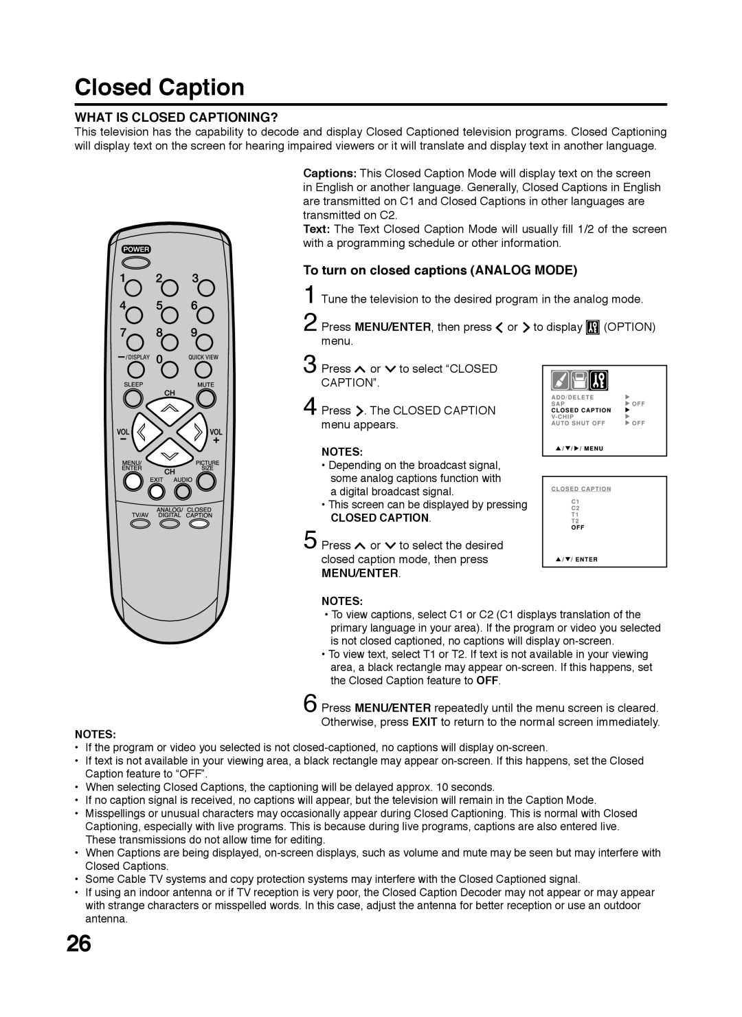 Zenith 206-3923, S2898A, C27H26B warranty What Is Closed Captioning?, To turn on closed captions ANALOG MODE, Menu/Enter 