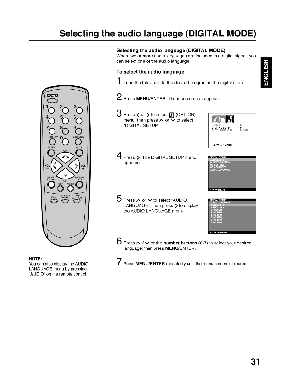 Zenith C27H26B, S2898A, 206-3923 warranty Selecting the audio language DIGITAL MODE, English, To select the audio language 