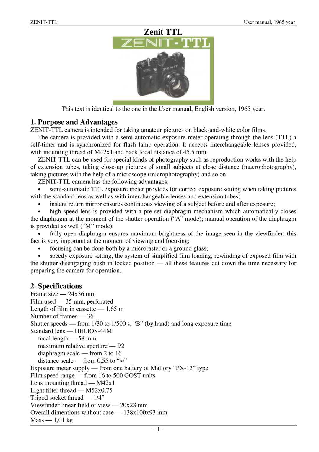 Zenith TTL specifications Purpose and Advantages, Specifications 