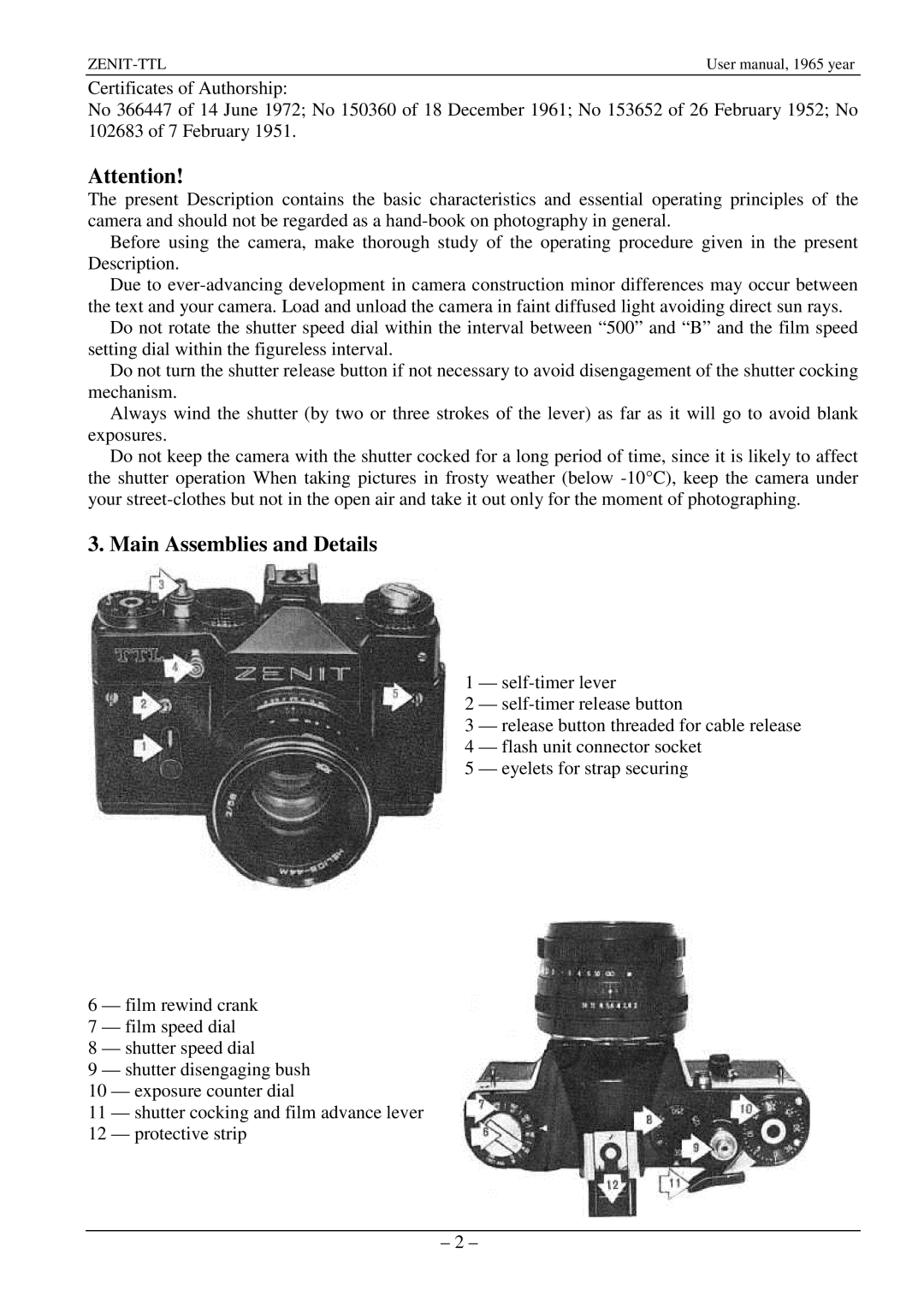 Zenith TTL specifications Main Assemblies and Details 