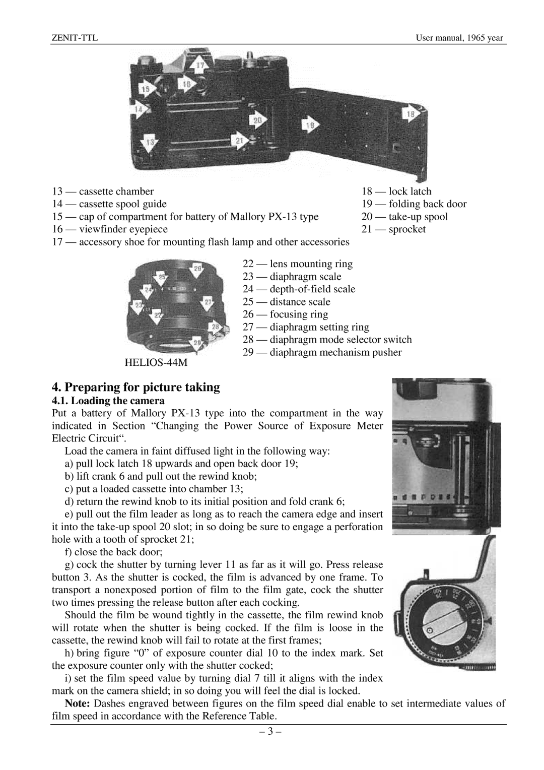 Zenith TTL specifications Preparing for picture taking, Loading the camera 