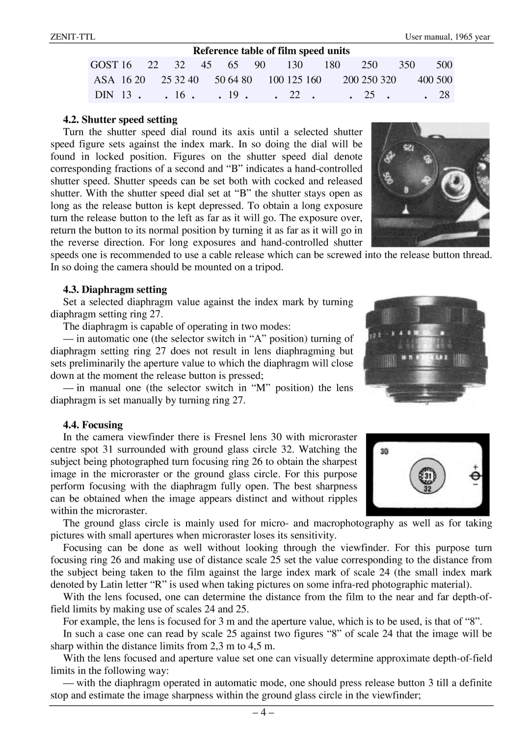 Zenith TTL specifications Reference table of film speed units, Shutter speed setting, Diaphragm setting, Focusing 