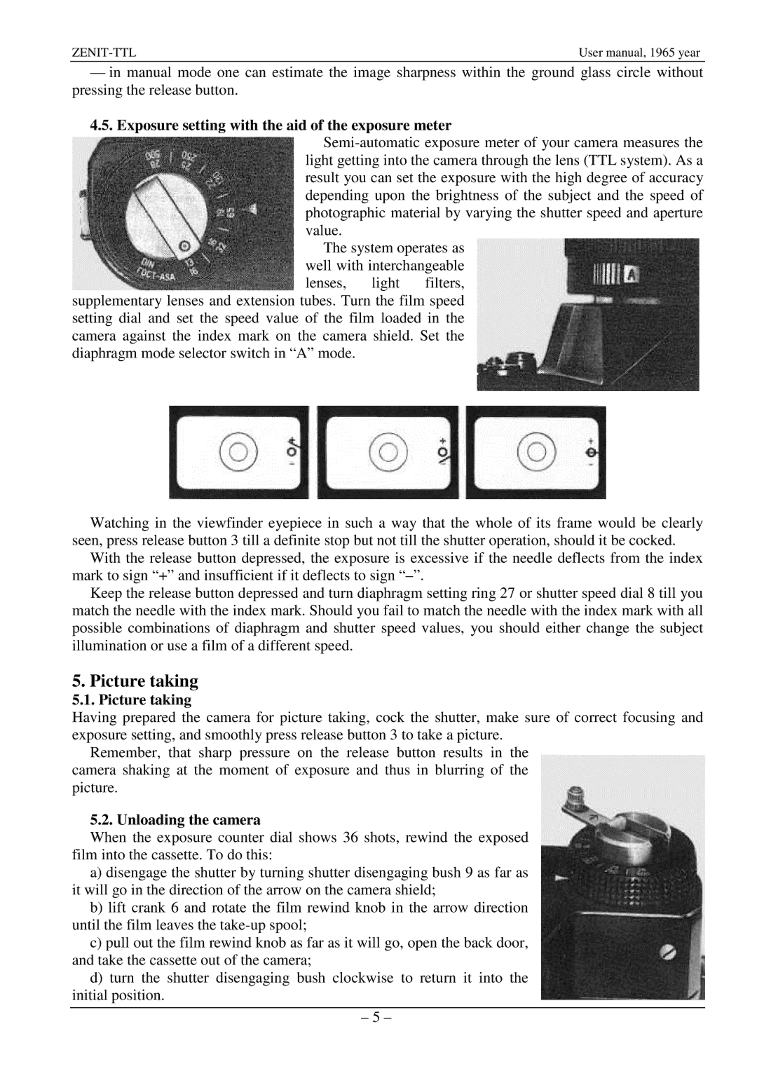 Zenith TTL specifications Picture taking, Exposure setting with the aid of the exposure meter, Unloading the camera 