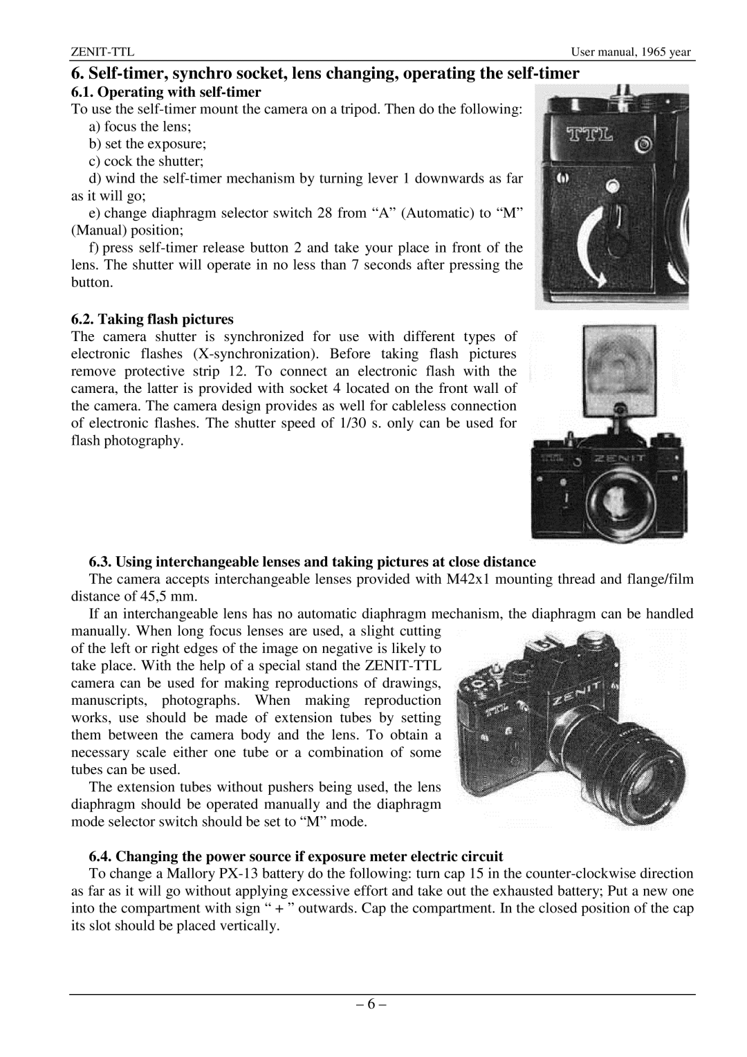 Zenith TTL specifications Operating with self-timer, Taking flash pictures 