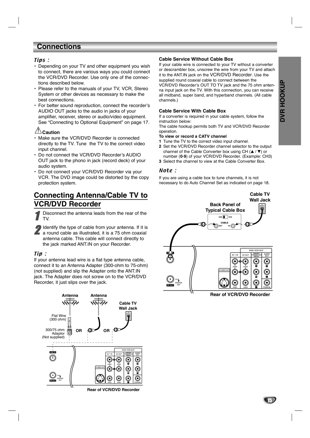 Zenith XBR411 warranty Connections, Connecting Antenna/Cable TV to VCR/DVD Recorder, Cable Service Without Cable Box 