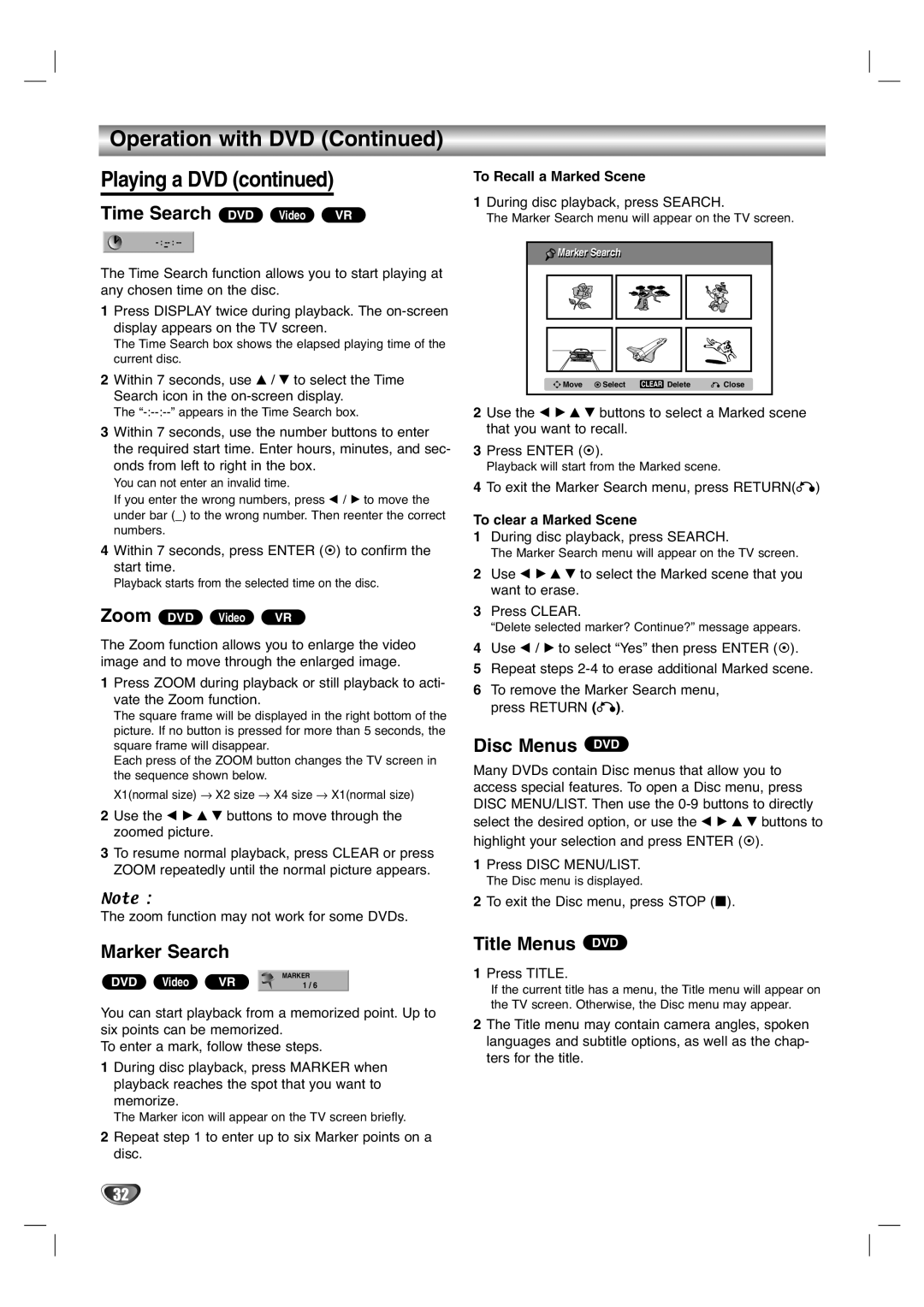 Zenith XBR411 warranty Time Search DVD Video VR, Marker Search, Disc Menus DVD, Title Menus DVD 