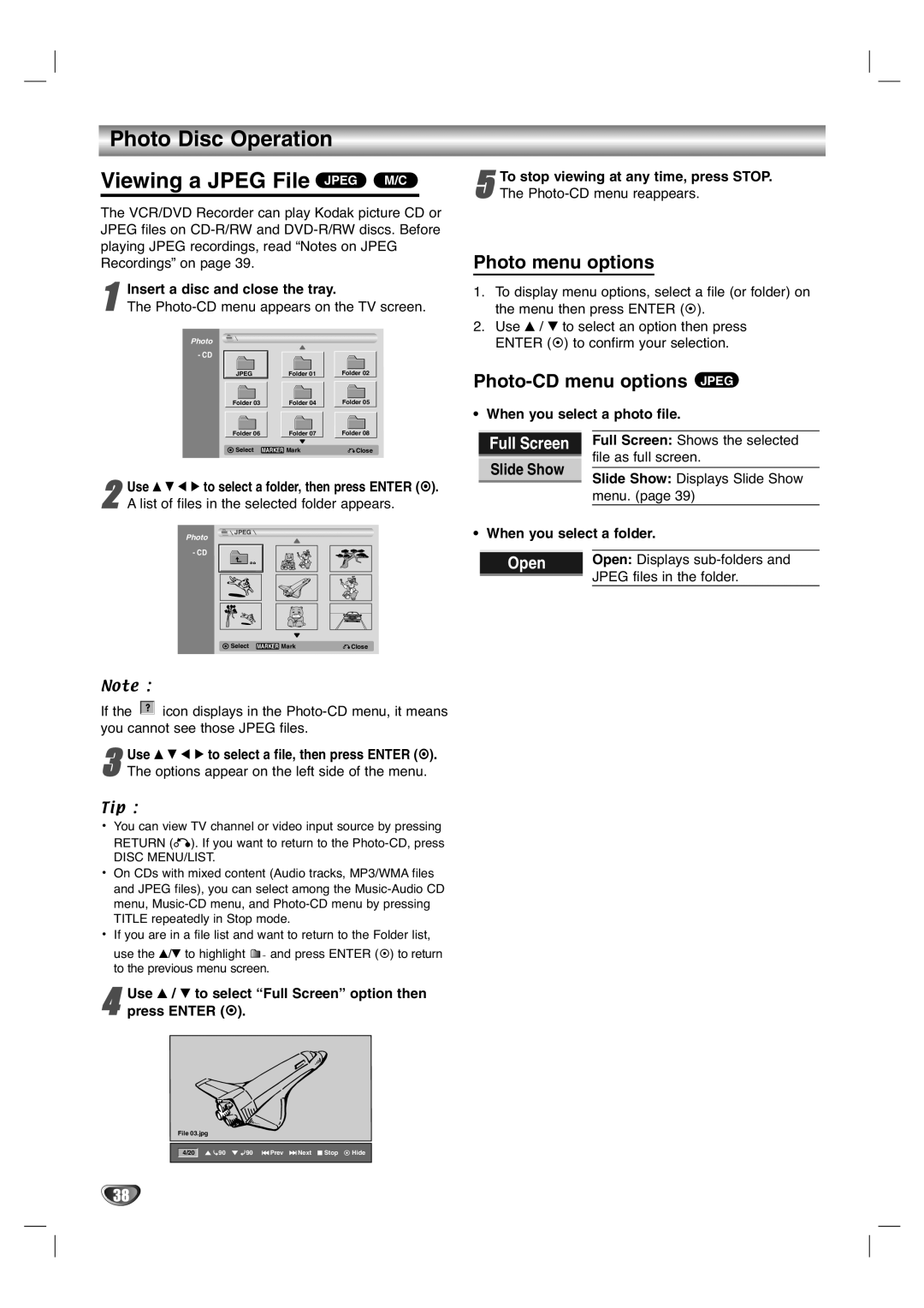 Zenith XBR411 warranty Photo Disc Operation Viewing a Jpeg File Jpeg M/C, Photo menu options, Photo-CD menu options Jpeg 