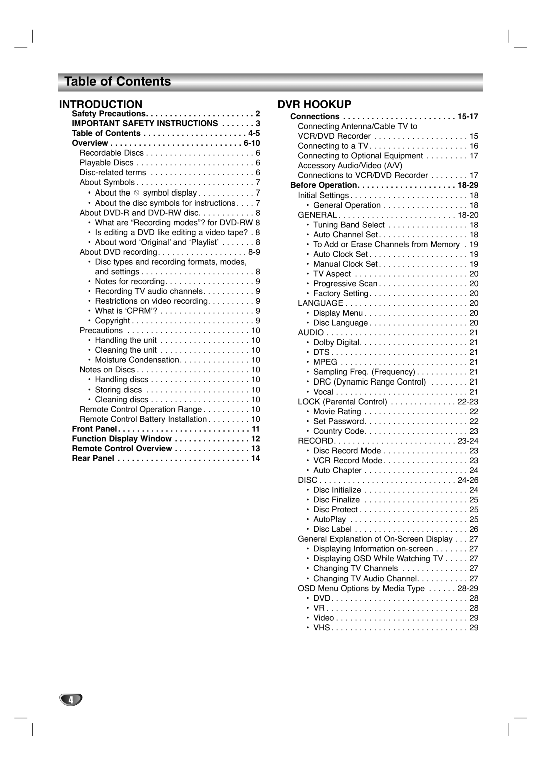 Zenith XBR411 warranty Table of Contents 