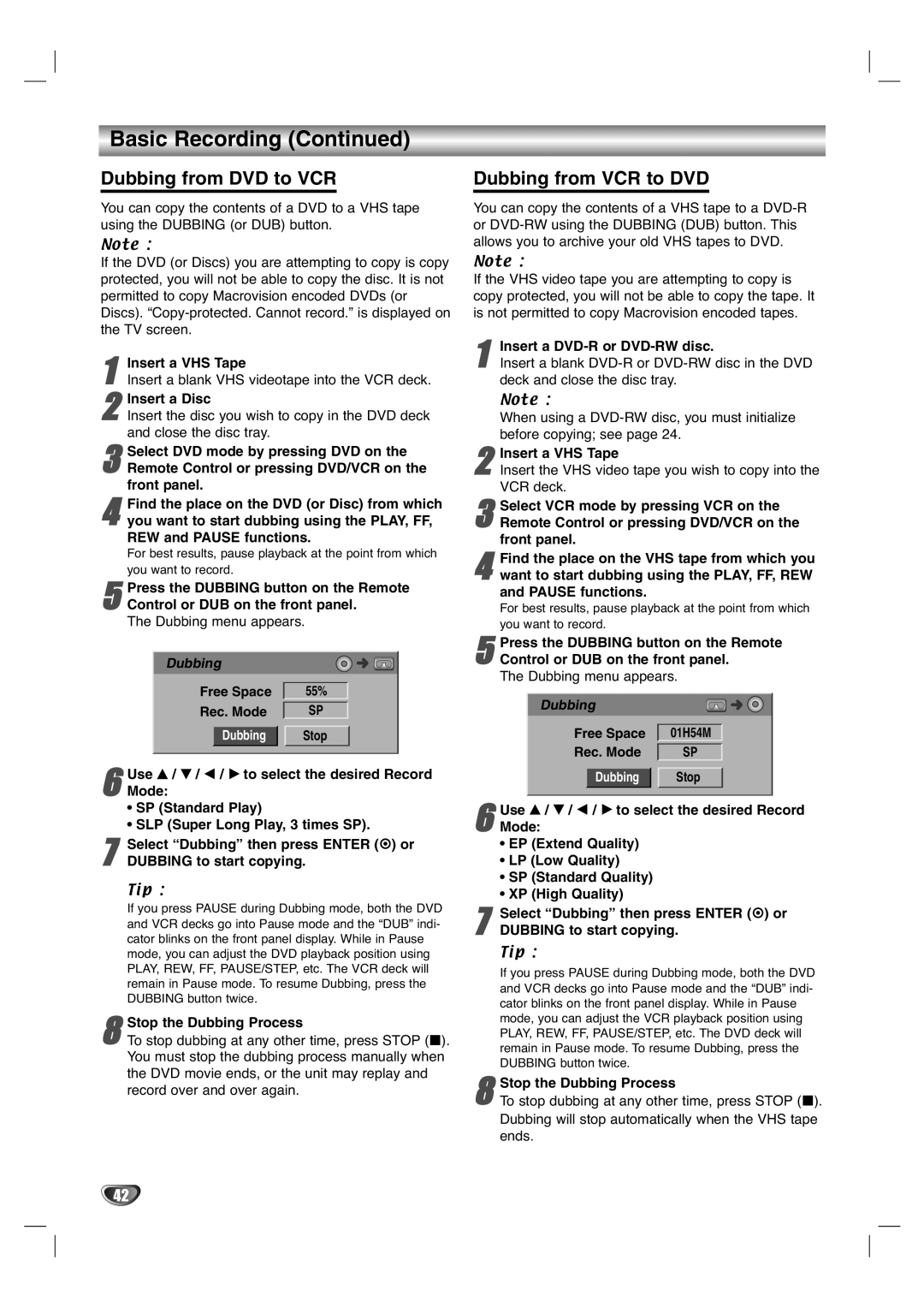 Zenith XBR411 warranty Basic Recording, Dubbing from DVD to VCR, Dubbing from VCR to DVD 