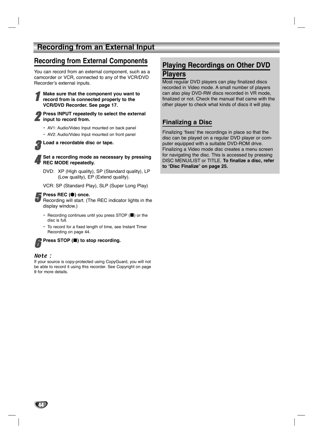 Zenith XBR411 warranty Recording from an External Input, Playing Recordings on Other DVD Players, Finalizing a Disc 