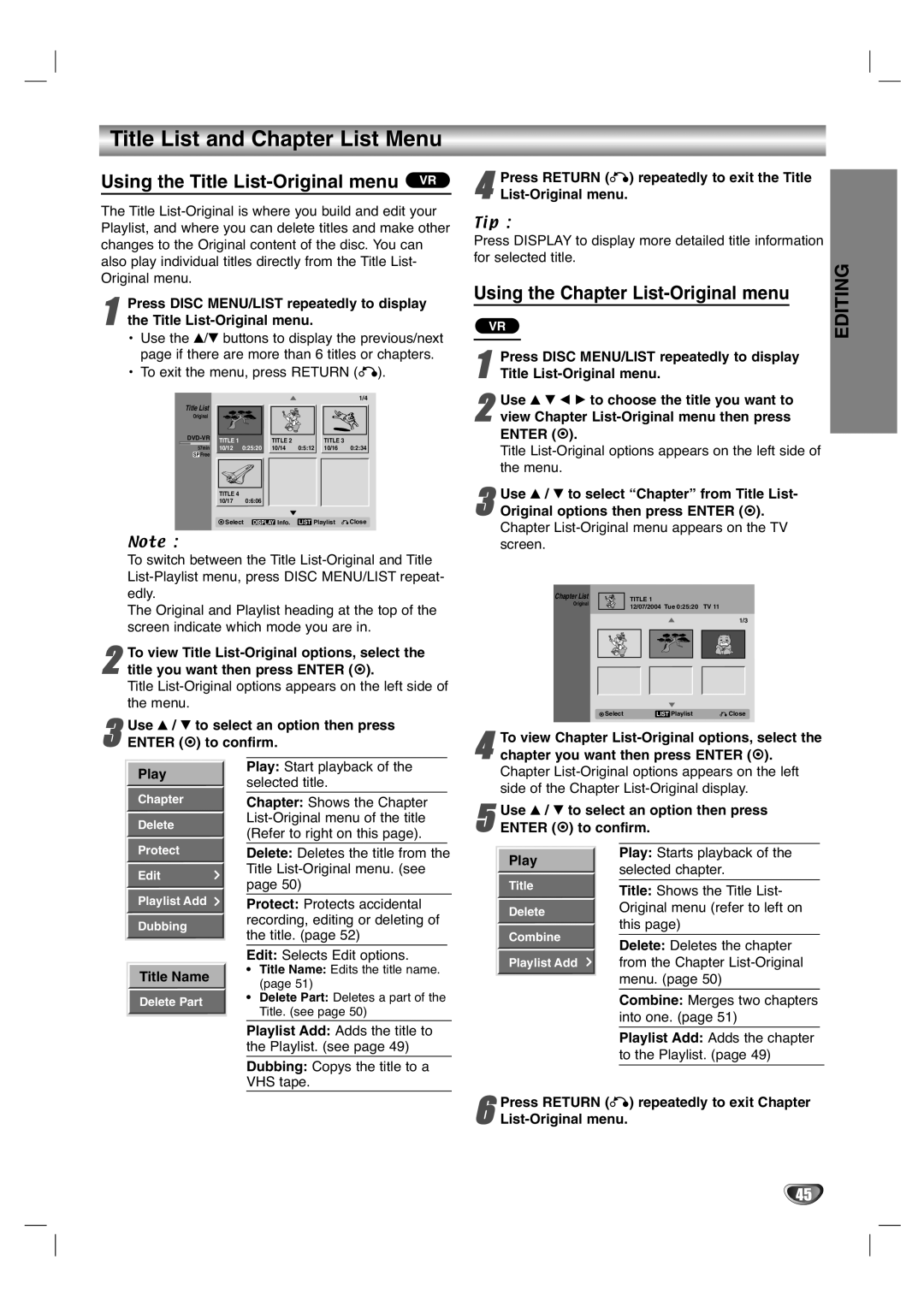 Zenith XBR411 warranty Title List and Chapter List Menu, Using the Title List-Original menu VR 