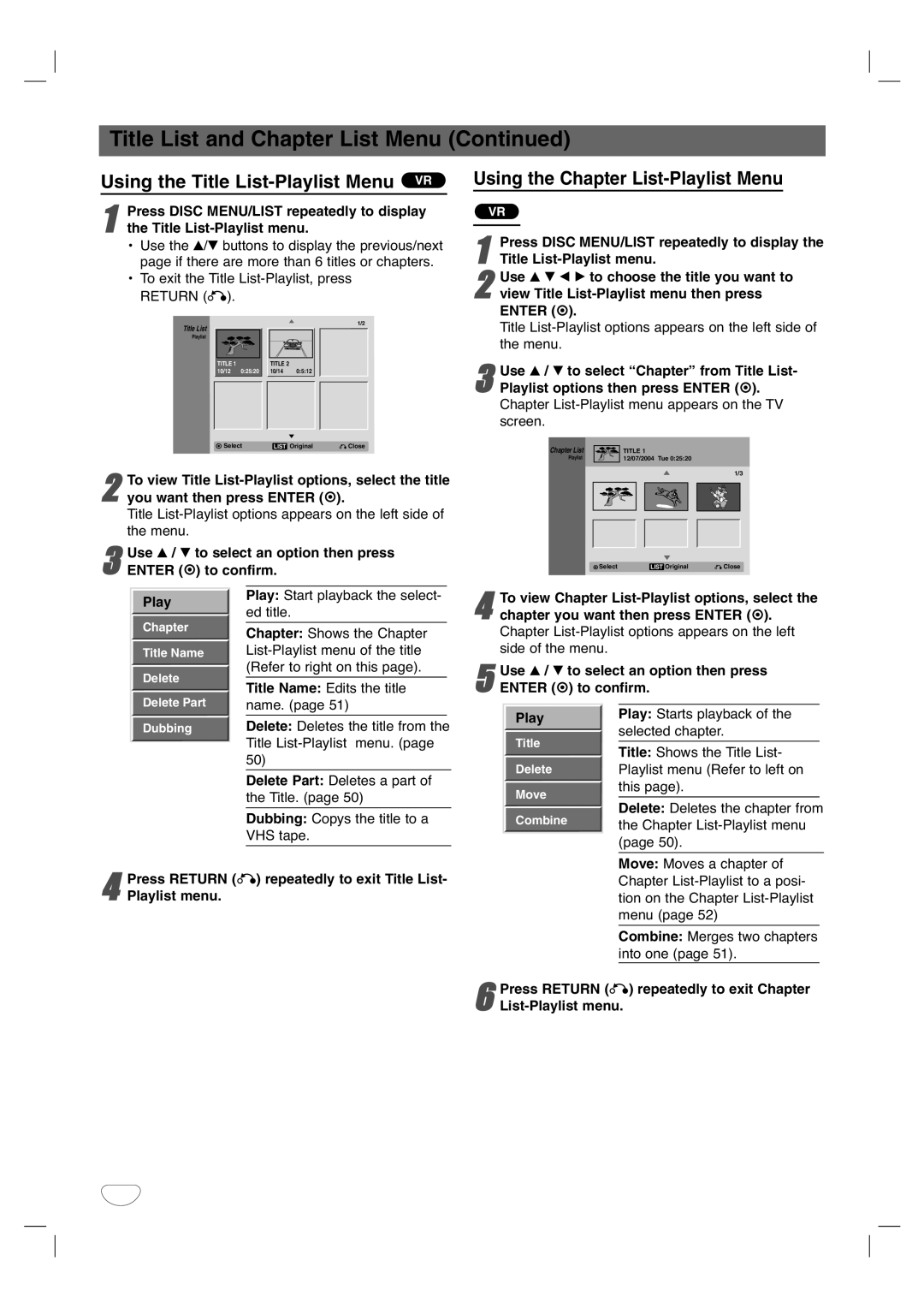 Zenith XBR411 warranty Using the Title List-Playlist Menu VR, Using the Chapter List-Playlist Menu 