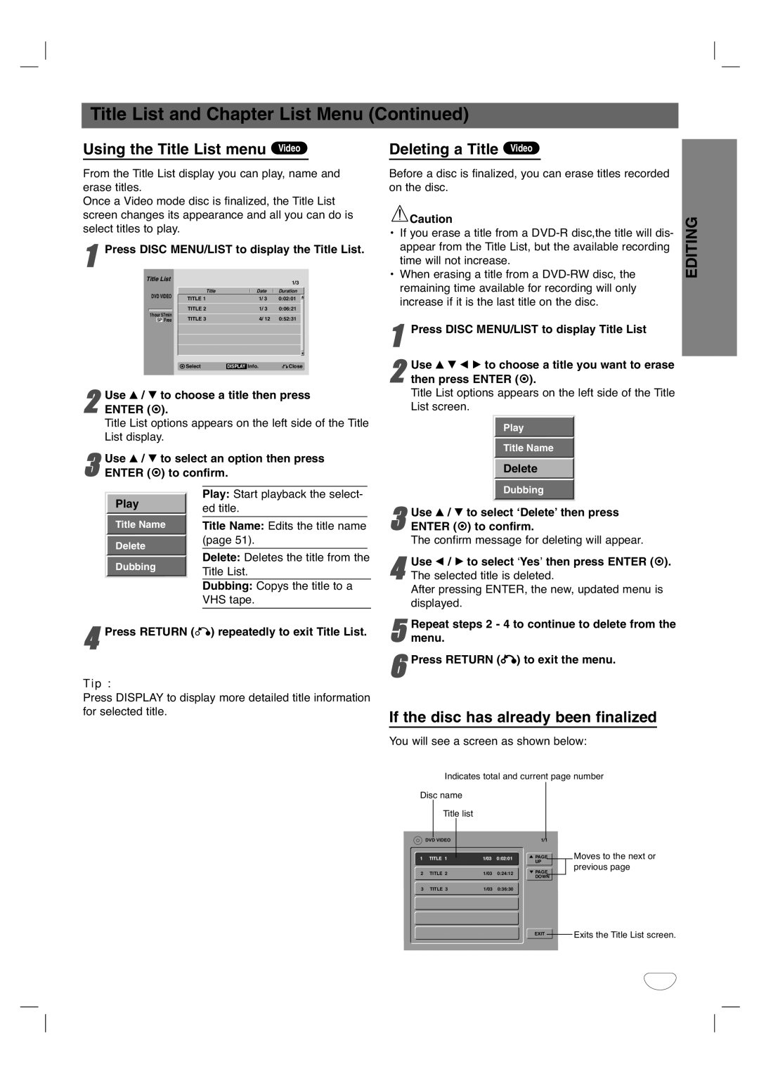 Zenith XBR411 warranty Using the Title List menu Video, Deleting a Title Video, If the disc has already been finalized 