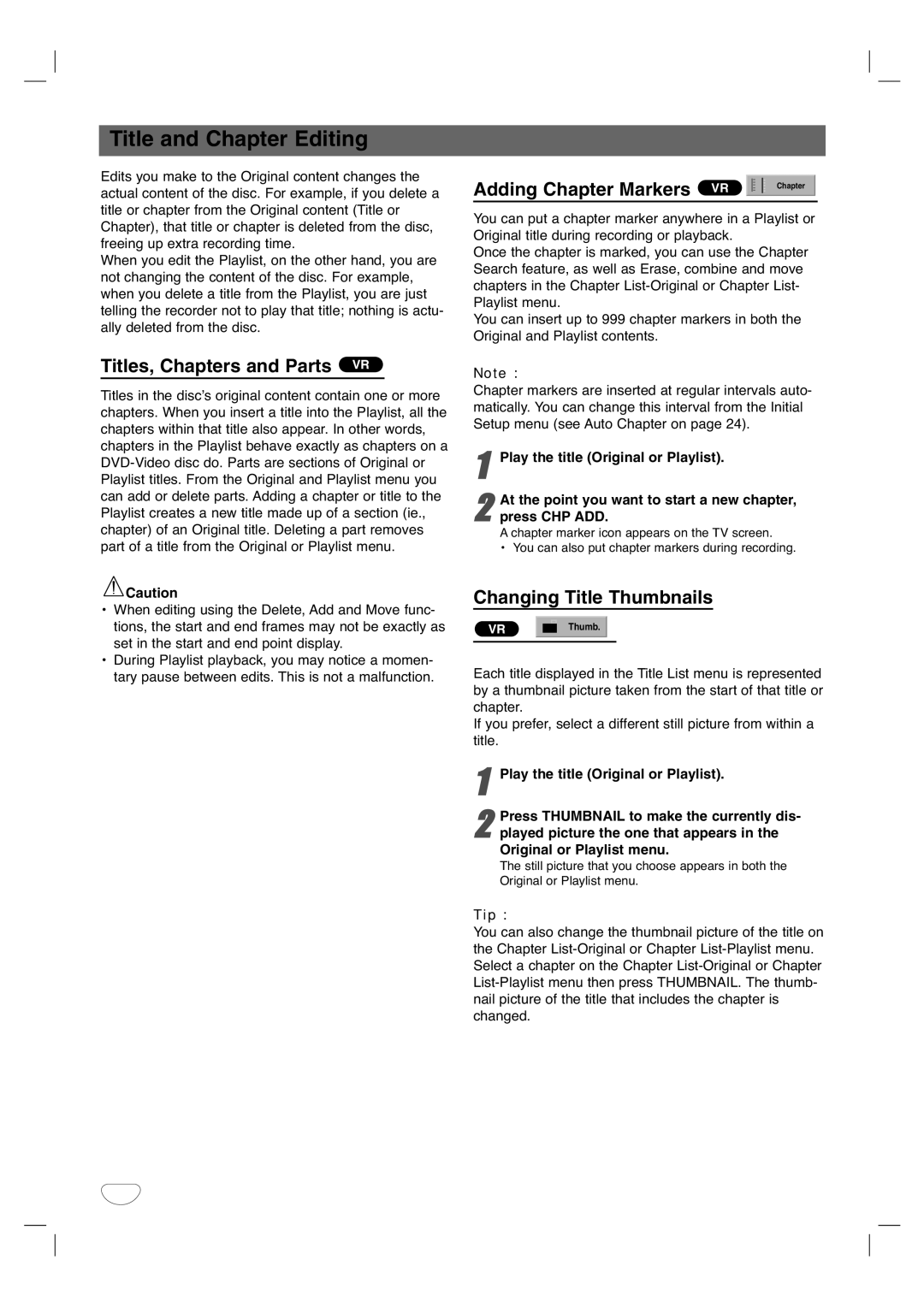 Zenith XBR411 Title and Chapter Editing, Titles, Chapters and Parts VR, Adding Chapter Markers, Changing Title Thumbnails 