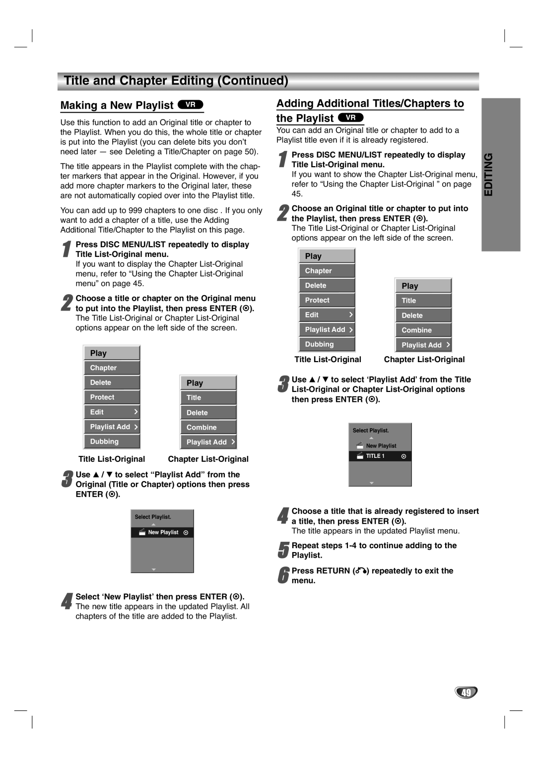 Zenith XBR411 warranty Making a New Playlist VR, Adding Additional Titles/Chapters to Playlist VR 