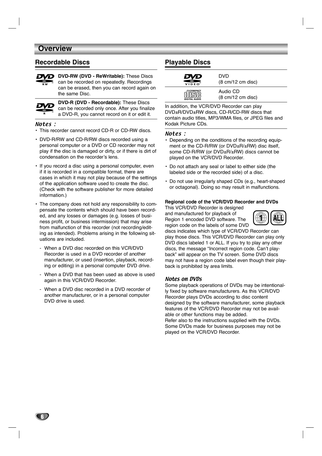 Zenith XBR411 warranty Overview, Recordable Discs, Playable Discs 