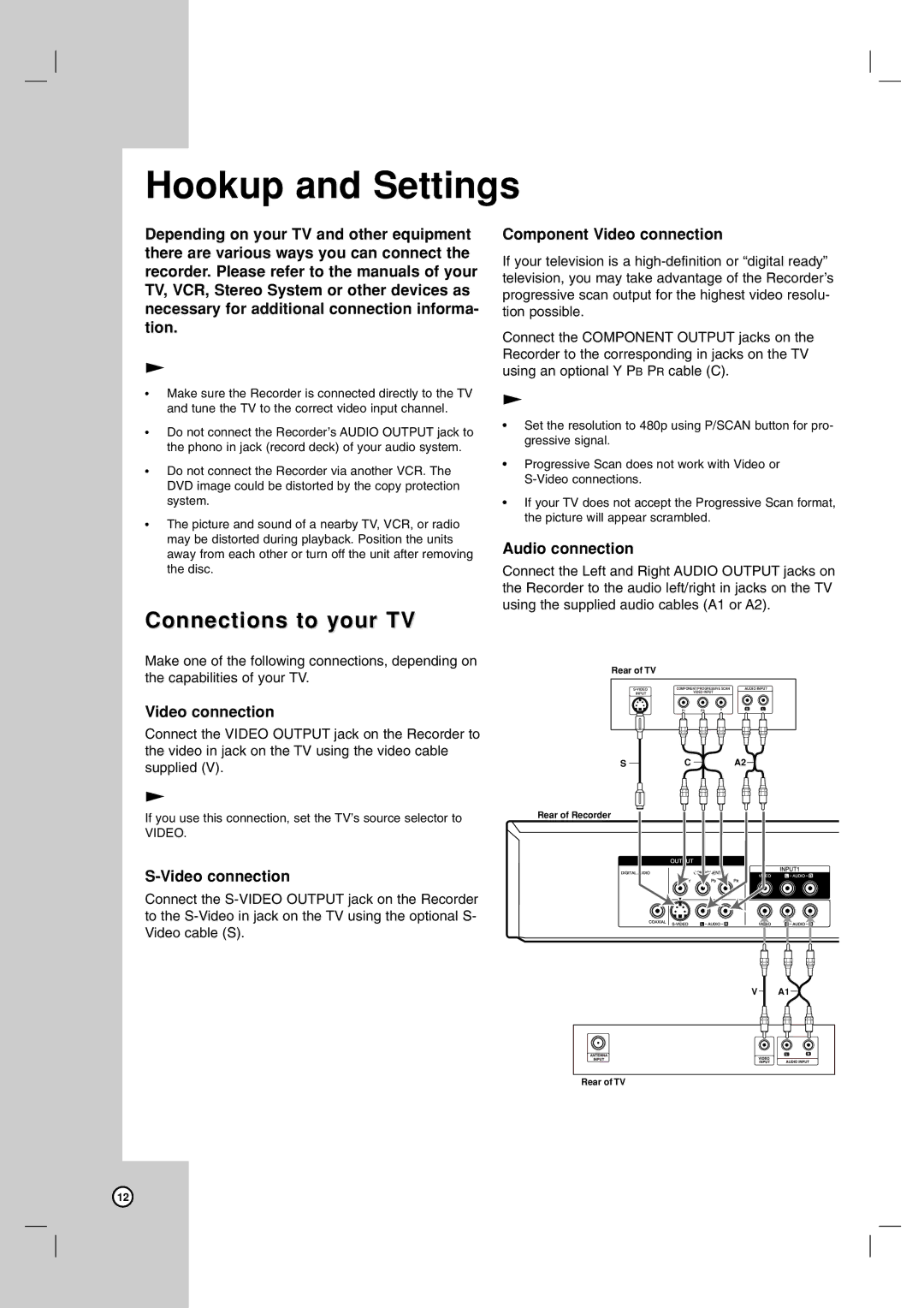 Zenith XBR716 warranty Hookup and Settings, Connections to your TV, Component Video connection, Audio connection 