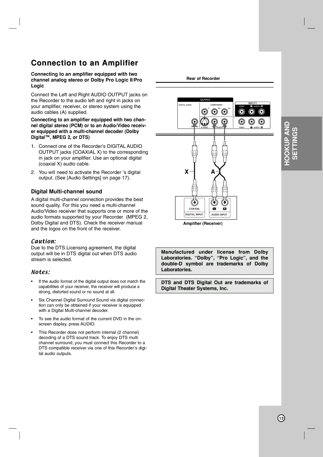 Zenith XBR716 warranty Connection to an Amplifier, Digital Multi-channel sound 