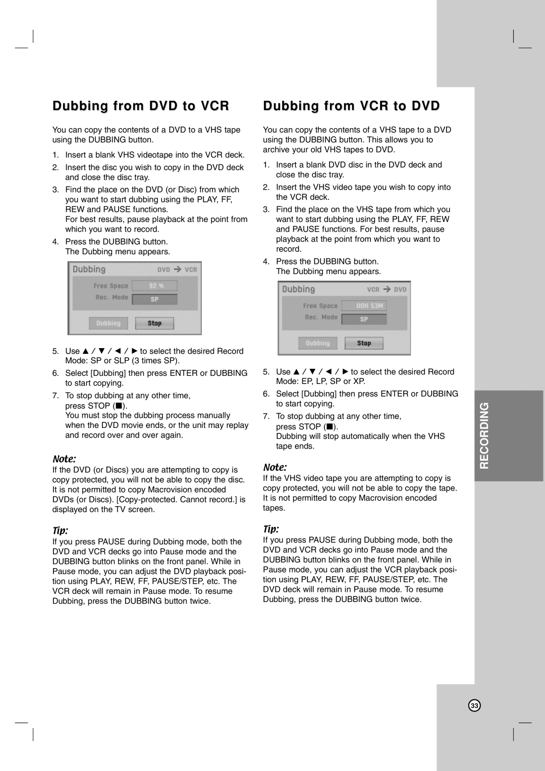 Zenith XBR716 warranty Dubbing from DVD to VCR, Dubbing from VCR to DVD 