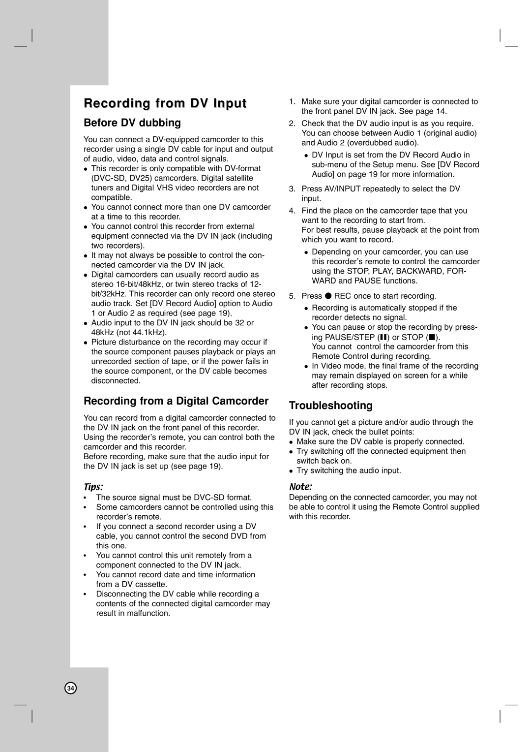 Zenith XBR716 warranty Recording from DV Input, Before DV dubbing, Recording from a Digital Camcorder, Troubleshooting 