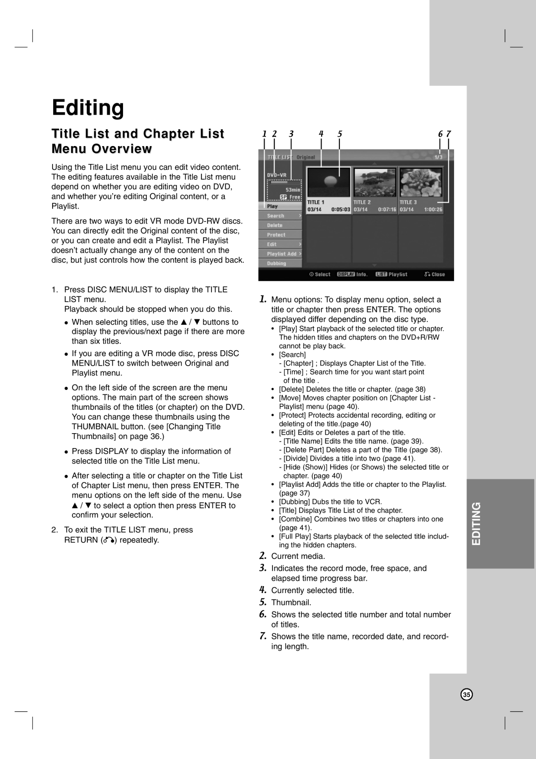 Zenith XBR716 warranty Editing, Title List and Chapter List Menu Overview 