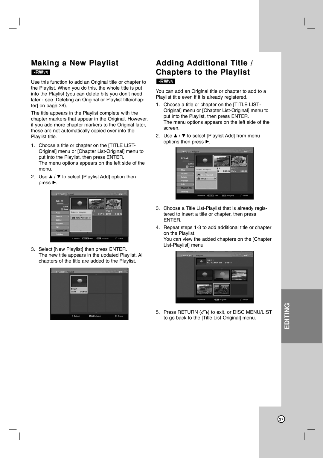 Zenith XBR716 warranty Making a New Playlist, Adding Additional Title / Chapters to the Playlist 