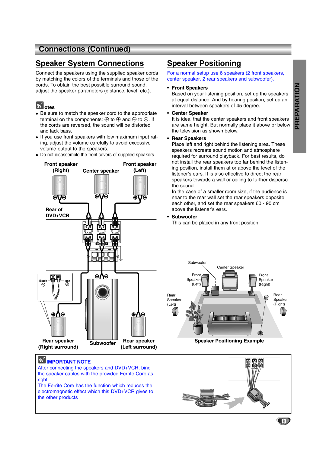 Zenith XBS245 warranty Connections Speaker System Connections, Speaker Positioning, Dvd+Vcr 