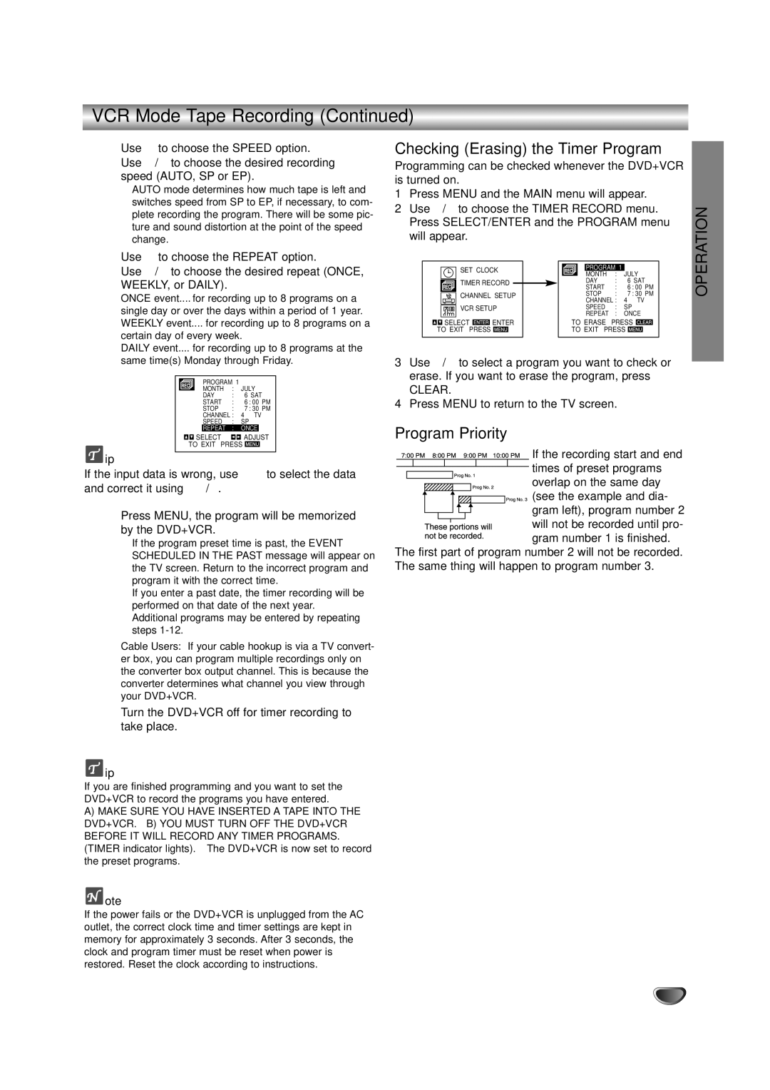 Zenith XBS245 warranty VCR Mode Tape Recording, Checking Erasing the Timer Program, Program Priority 