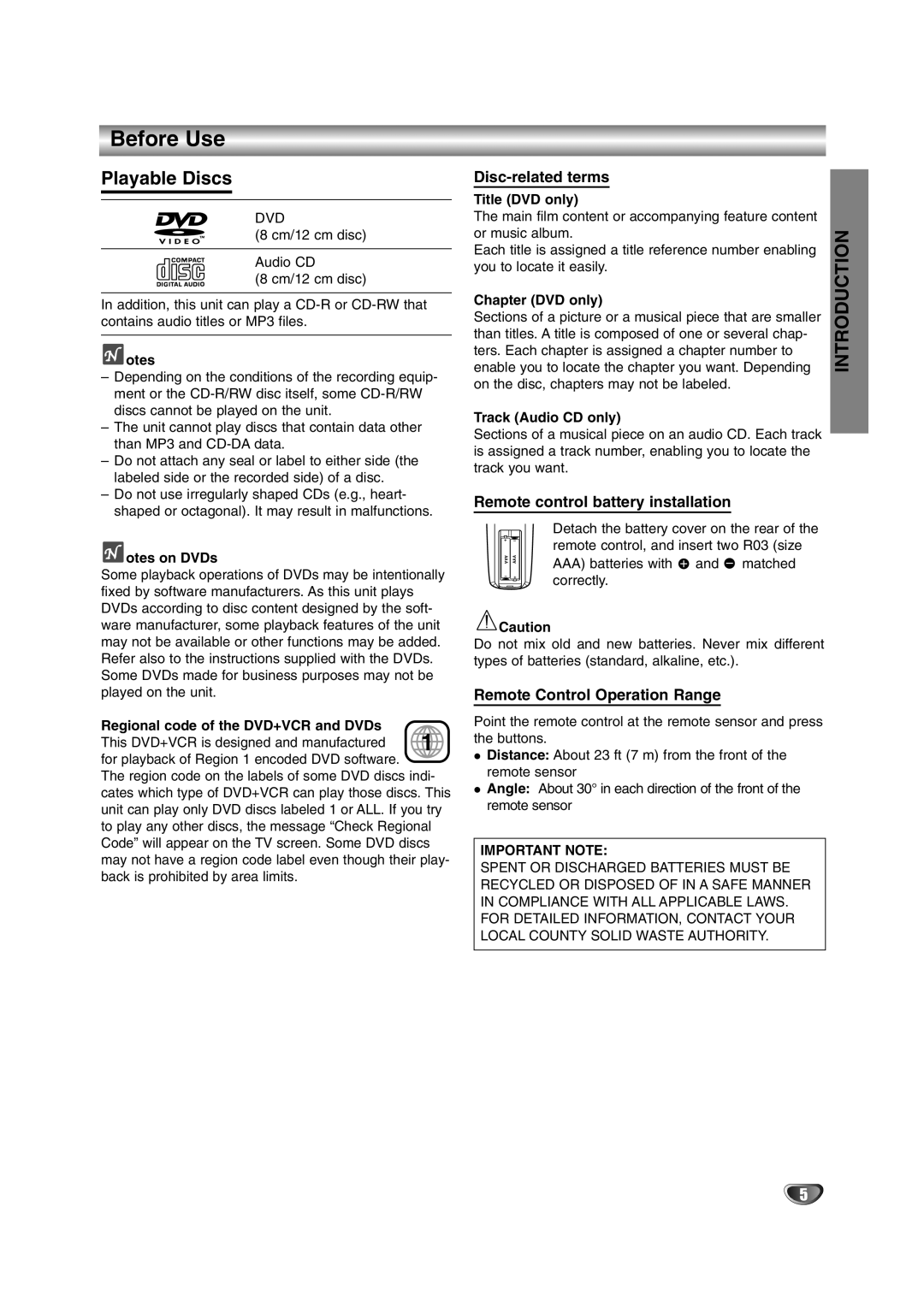 Zenith XBS245 warranty Before Use, Playable Discs, Disc-related terms, Remote control battery installation 