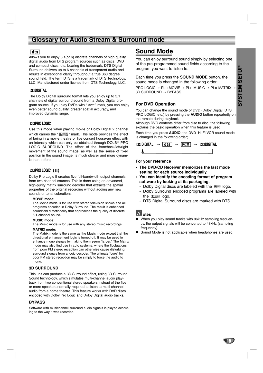 Zenith XBS341 warranty Glossary for Audio Stream & Surround mode Sound Mode, For DVD Operation, 3D Surround, Bypass 