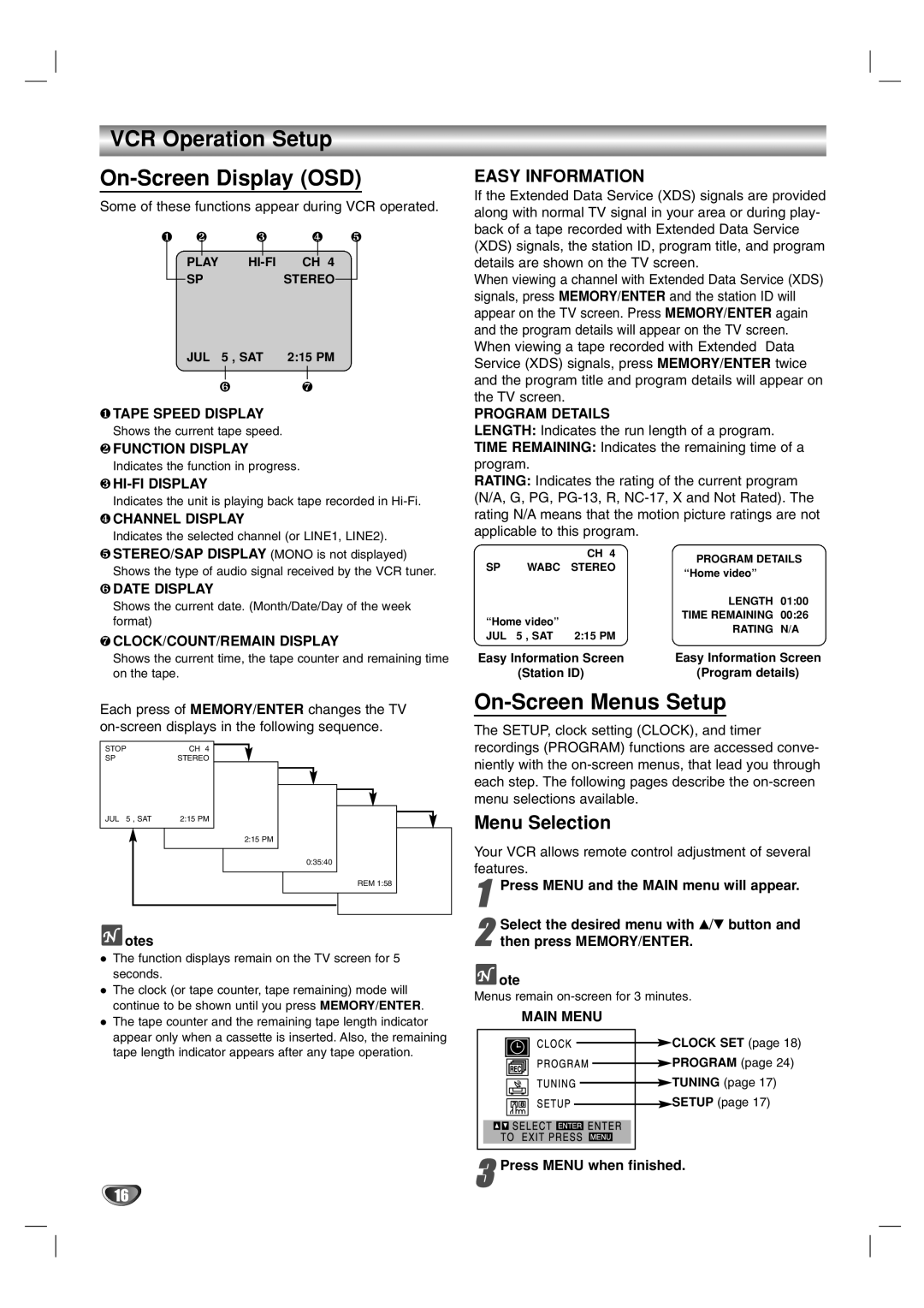 Zenith XBS341 warranty VCR Operation Setup On-Screen Display OSD, On-Screen Menus Setup, Menu Selection 