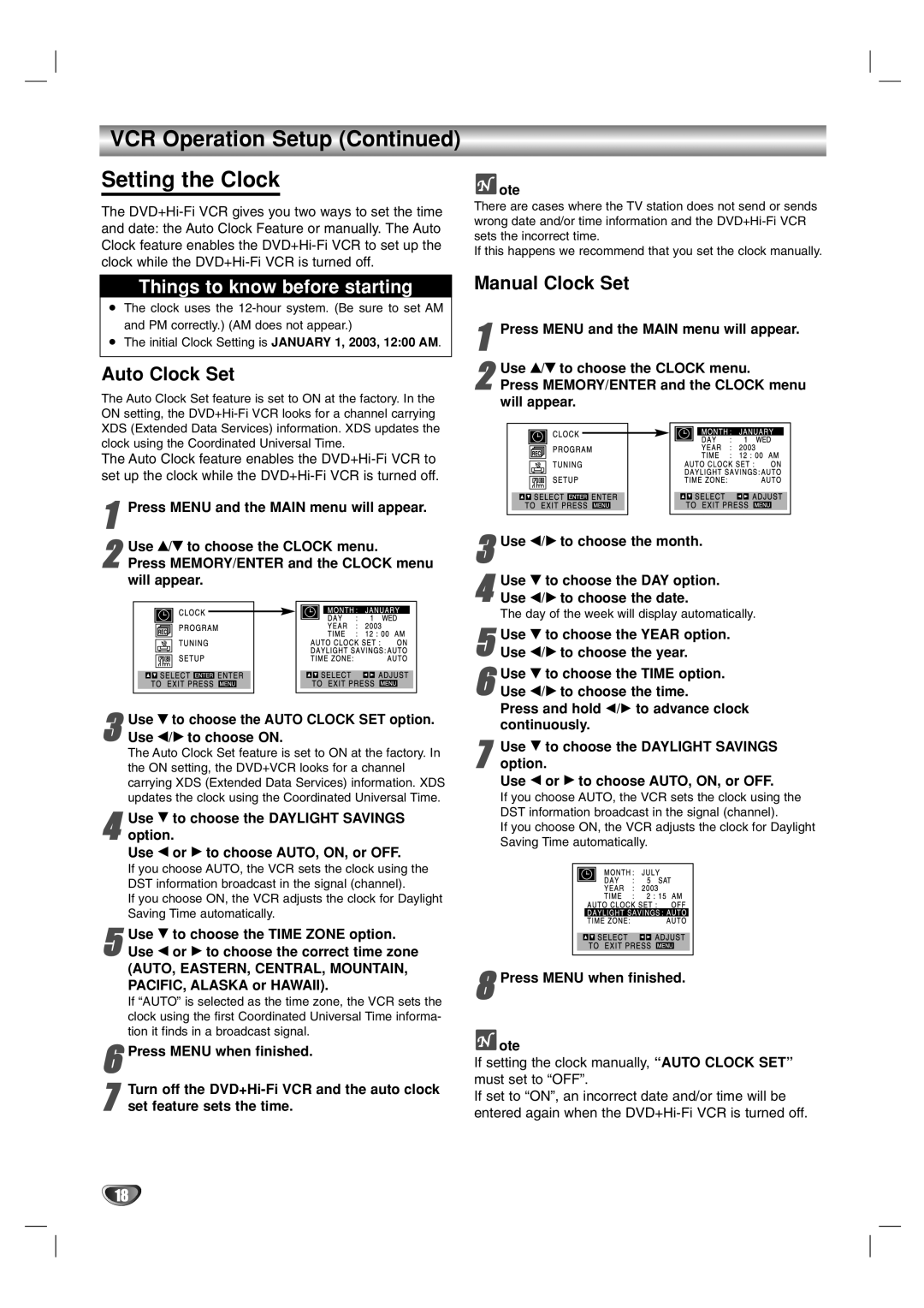 Zenith XBS341 warranty VCR Operation Setup Setting the Clock, Auto Clock Set, Manual Clock Set 